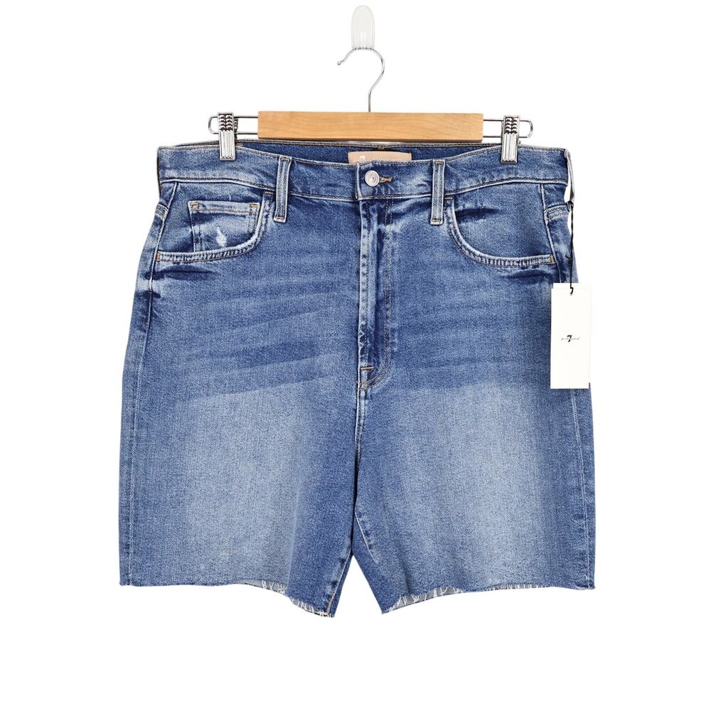 NWT 7 For All Mankind Luxe Vintage Raw Hem Denim Short Medium Wash Blue 32